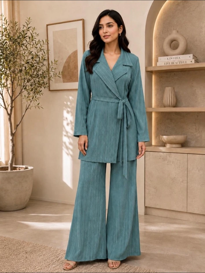 Aqua Wrap Co-Ord Set in Soft / Dusty Aqua