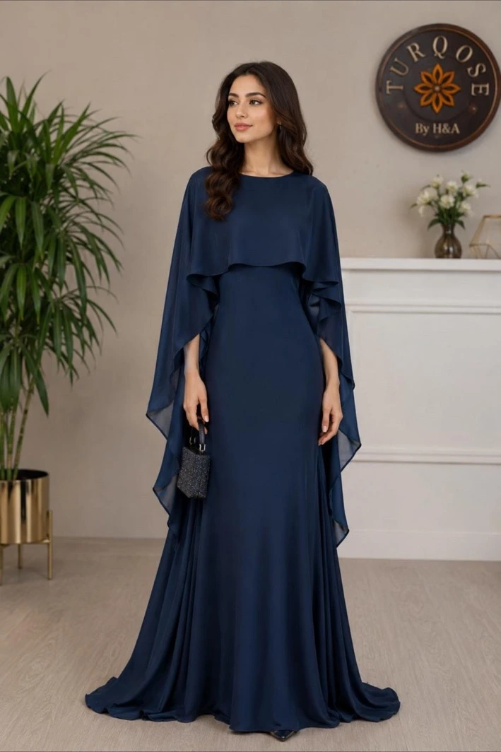 Midnight Cape Gown in Midnight Navy Blue