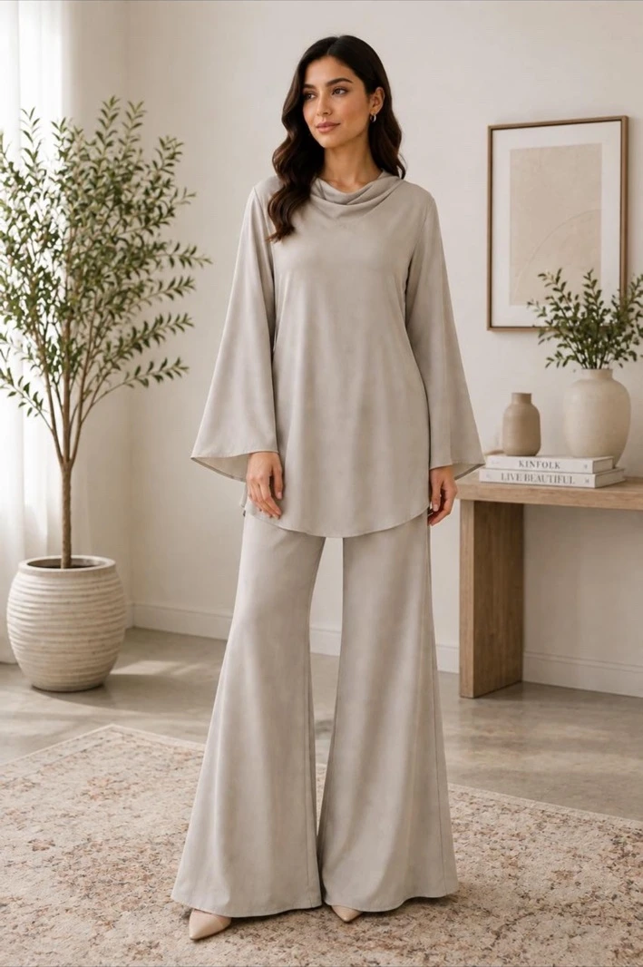 Pearl Drape Co-Ord Set in Soft Pearl Beige
